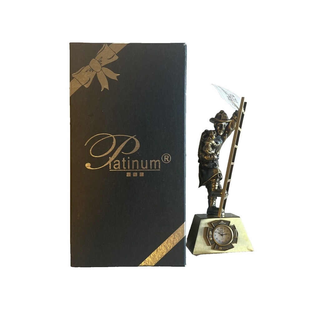 Fireman Rescue Platinum Clock Quartz Japan C301AG 6.5x2.5 Anti-Gold Original Box